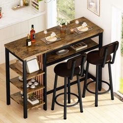Bar Dining Table Set for 2, 3 Piece Bar Table and Chairs Set, Kitchen Counter Height Dining Table Set, Small Kitchen Bar Table with Storage, Breakfast
