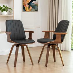 Swivel Dining Chairs, Set of 2 Kitchen Swivel Chairs with Walnut Craftsmanship, Upholstered Faux Leather, Wooden Arms and Legs, Walnut Dining Chairs f