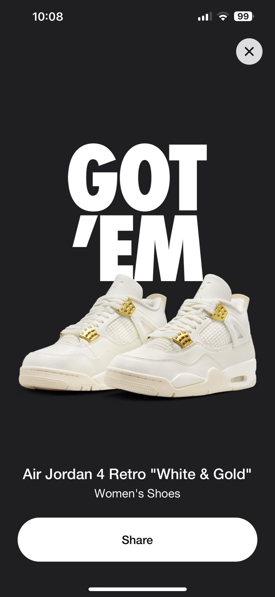Jordan 4 Retro White gold/ White Metallic Gold Brand New Size 11 Womens/9.5 Men’s $270 Or Best Offer