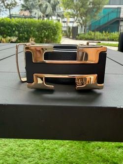 Black Leather Belt with Gold H Buckle adjustable