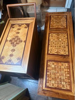 Matching Vintage Geometric Inlaid Wood Bar Cart & Coffee Table Set