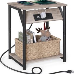  End Table with Charging Station, Small Side Table for Living Room, Bedroom, Nightstand with Outlets and USB Ports, Bedside Table