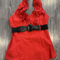 Y2K Soulmates Red Ruffled Halter Top - Belted - size L