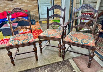 3 antique 19th-century French oak dining chairs featuring hand-carved details and upholstered seats