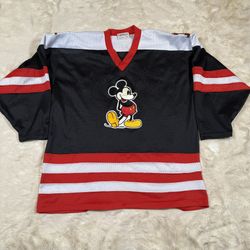 VTG Disney Mickey Mouse Jersey Shirt Genus M/L Black Red Hockey Double Sided 90s