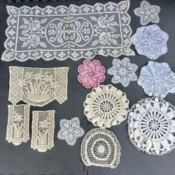 Lot 13 Vintage Crochet Doilies, Chair Set, Table Runner, Pillow Sham