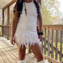 White, Feathered Dress !