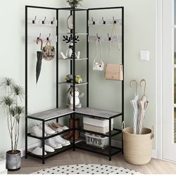 Corner entryway bench and coat wrack