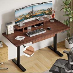 Standing desk with drawer, 55 x 23.6 inch solid wood desk with full piece board and storage shelf, adjustable height 28 to 46 inches for home $ 160