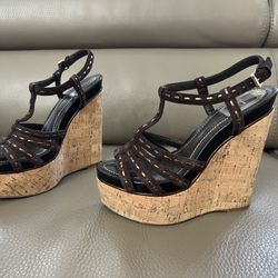 CHRISTIAN DIOR Brown Suede Antica Cork Wedge Sandals Size 4,5/36