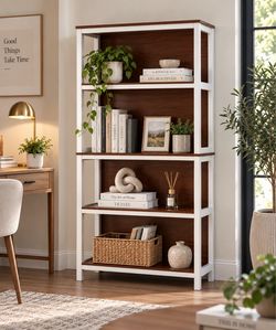 Brand New！4-Shelf 59.5 in. x 31.38 in. Cherry and White Manufactured Wood Bookcase, IF1382