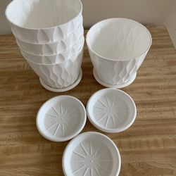6” White Plastic Planters With Saucer Set Of 5