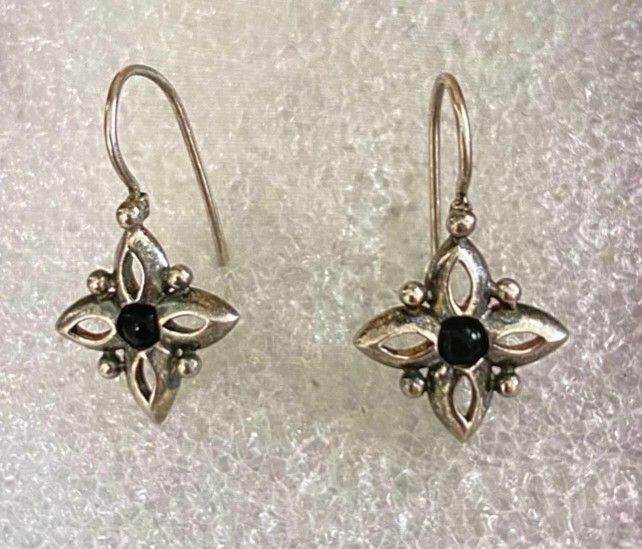 Aretes Plata Flor Piedra Azabache Joyería Antigua 