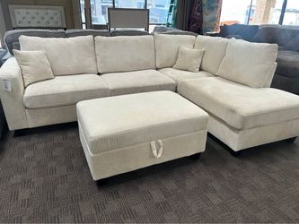 Cream comfy sectional sofa w/ free storage ottoman