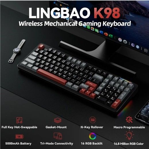 LINGBAO K98 Wireless Mechanical Gaming Keyboard, Tri-Mode BT5.0/2.4GHz/USB-C, Gasket Custom Hot-Swappable Linear Switches Creamy Keyboard with Number 