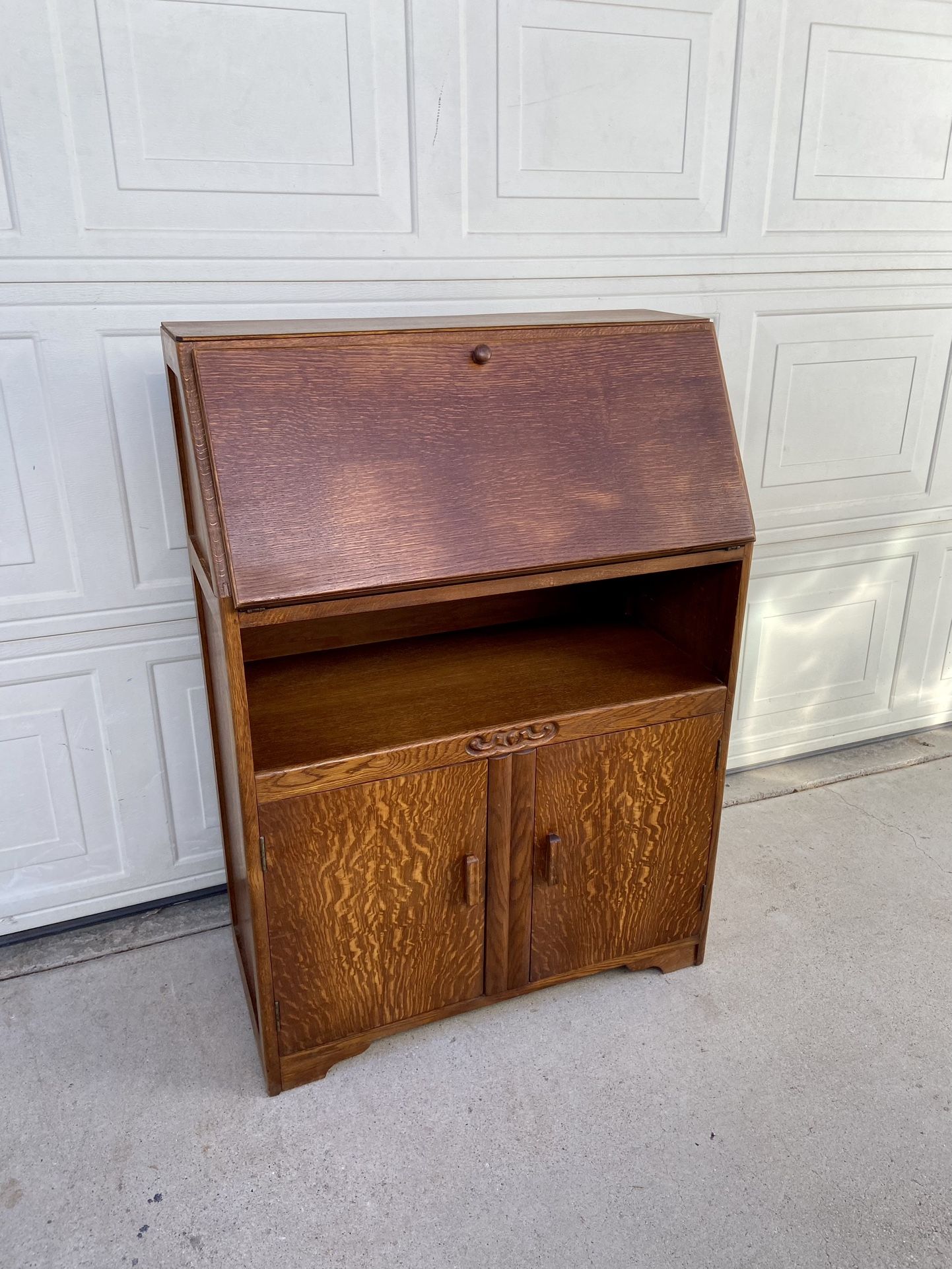 Beautiful antique, solid, tiger, oak secretary desk