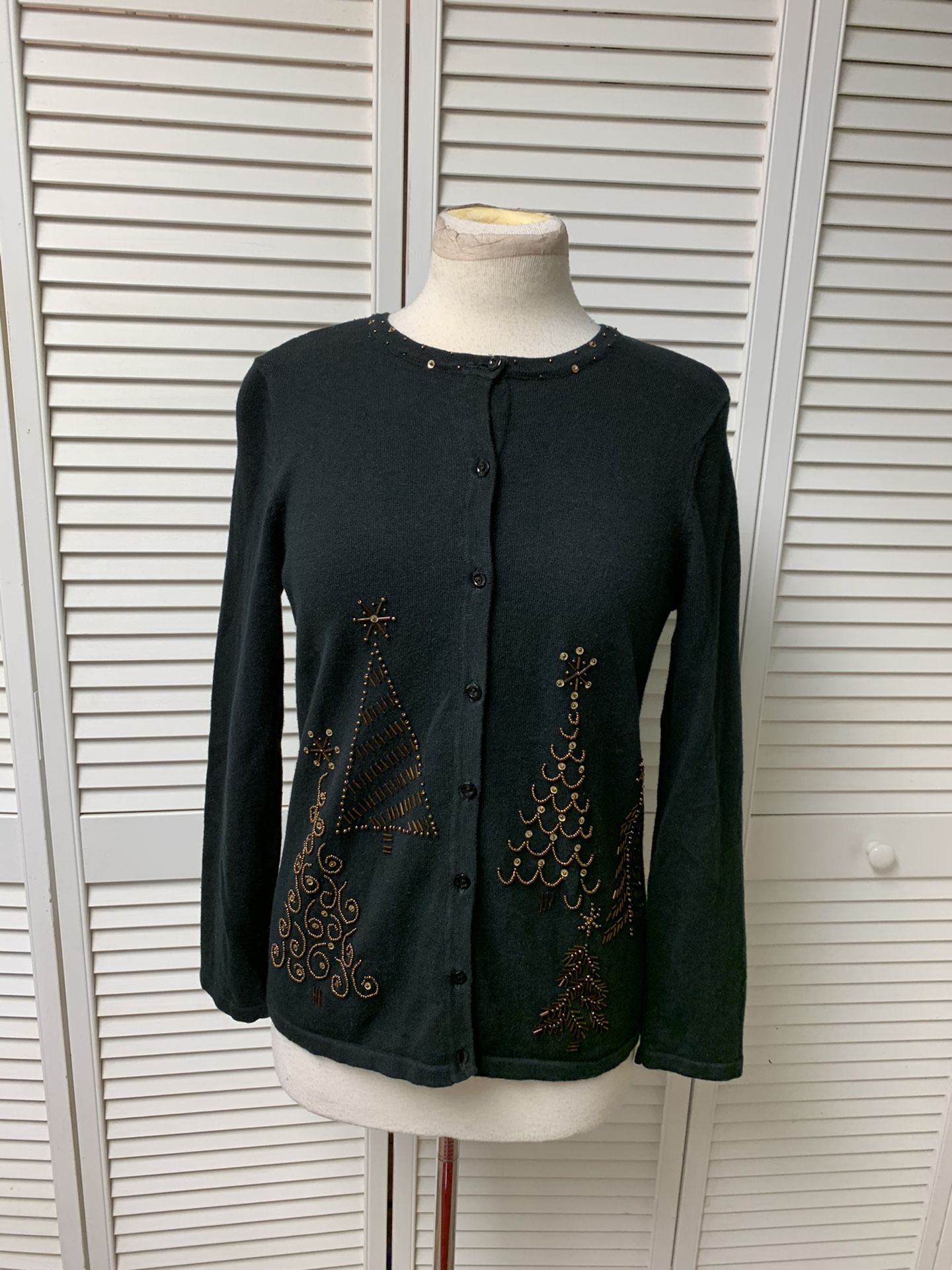 Black cardigan sweater with beaded Christmas trees