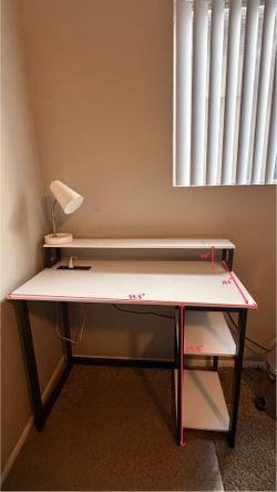 White desk with black metal accents