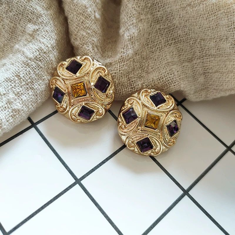 Vintage Purple glazed Diamond Round Golden Earring