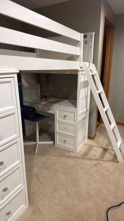 Twin White Loft Bed with Desk and Drawers
