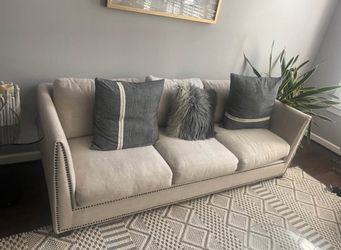 Beige Fabric Couch with Nailhead Trim
