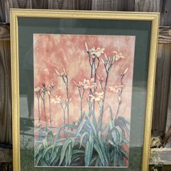 Vintage Nature Flower Painting Wall Decor Framed With Golden Accent 39”L by 31”W Signed 