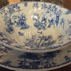 Churchill England Blue and White Ironstone Serving Set - Platter & Large Bowl - Toile Country Scene
