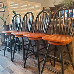 4 Used Wooden Swivel Bar Stools 