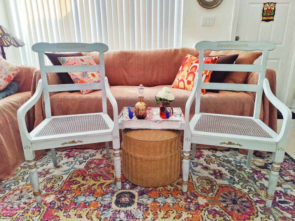 Beautiful pair of vintage wooden cane chairs country chabby style 39"x23x23" Kendall 