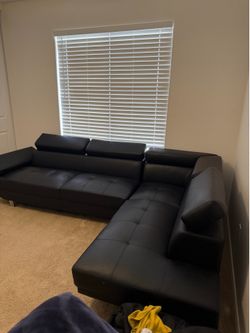 Riveredge 109” Modern Black Faux Leather Sectional Sofa | Adjustable Headrests