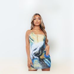 Blue Abstract One Shoulder Ring Detail Slinky Mini Dress