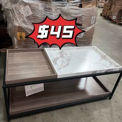 ❤️$45❤️ Convertible Entertaining Coffee Table - Coffee Table with 2 Removable Trays, Faux Marble Texture, 47 Living Room Table, Modern Coffee Table, W