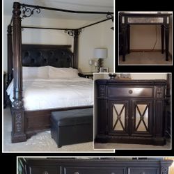 King size bedroom set, Canopy bed, Dresser with Mirror, Nightstand, Bedside Table