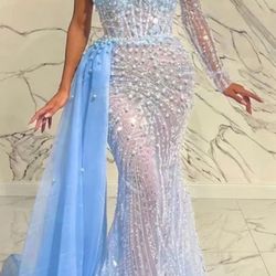 Womens Custom Light Blue Mermaid Homecoming Prom Evening Dress Size Small 2-4