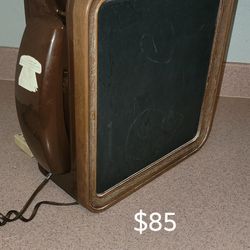Vintage Western Electric Bell  brown rotary telephone  (Phone) in wall mountable box with Chalkboard and telephone book storage. $85