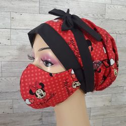 Minnie Mouse Surgical Scrub Hat Set Ponytail Doctor Nurse Chemo Chef Cotton Bouffant Head Wrap  With Buttons 