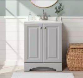 25 in. Single Sink Pearl Gray Freestanding Bath Vanity with White Cultured Marble Top (Assembled)