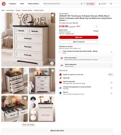 Brand New NIB JIONJOY 36" Farmhouse 5-Drawer Dresser - White/Black Top