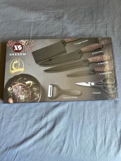 HEESEM 7 Piece Kitchen Knife Set NEW Sealed Chef Cleaver Utility Slicer Scissors