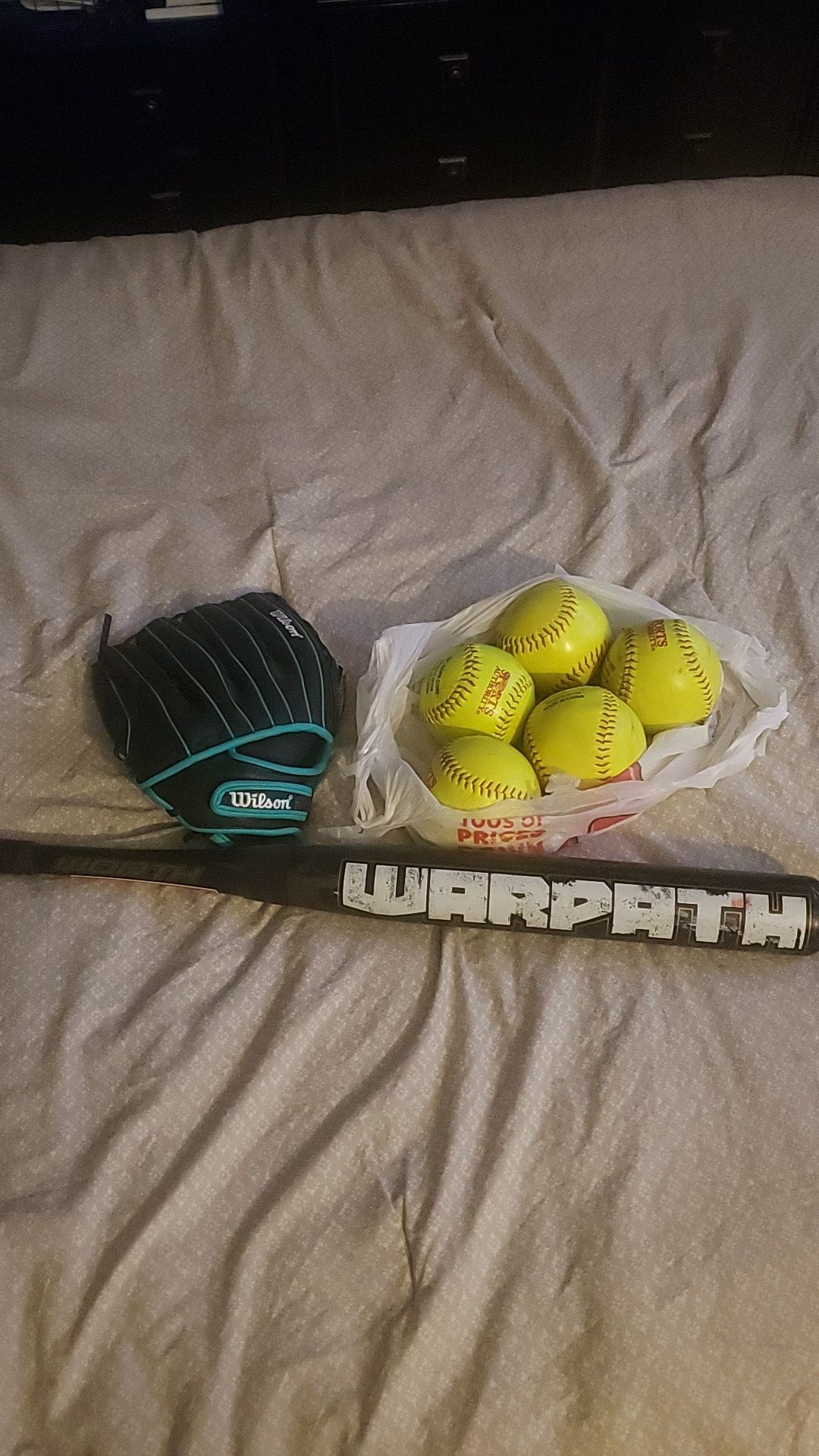 softball gloves, bat and balls