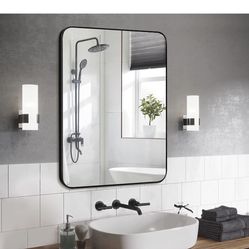 MIRROR TREND 22 x 30-Inch Large Rectangular Wall Silver Mirror with Glass Panel and Black Metal Framed