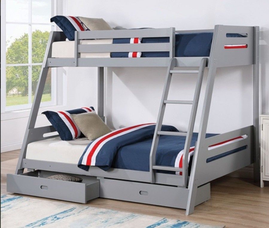 Brand New Grey Twin Over Full Bunk Bed w Trundle Drawers 