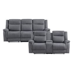 Brand New Gray Polished Microfiber Manual Reclining Sofa + Loveseat With Cup Holders