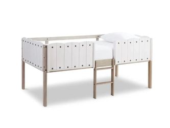 NEW! SIGNATURE DESIGN BY ASHLEY Wrenalyn White and Beige Modern Farmhouse Style Twin Size Loft Bed Frame with Protective Side Rails and Ladder (Southc