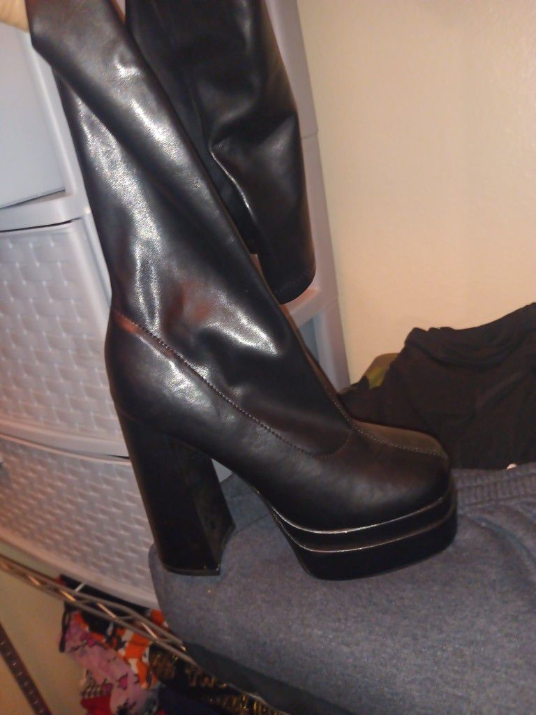Thigh high leather platform boots 