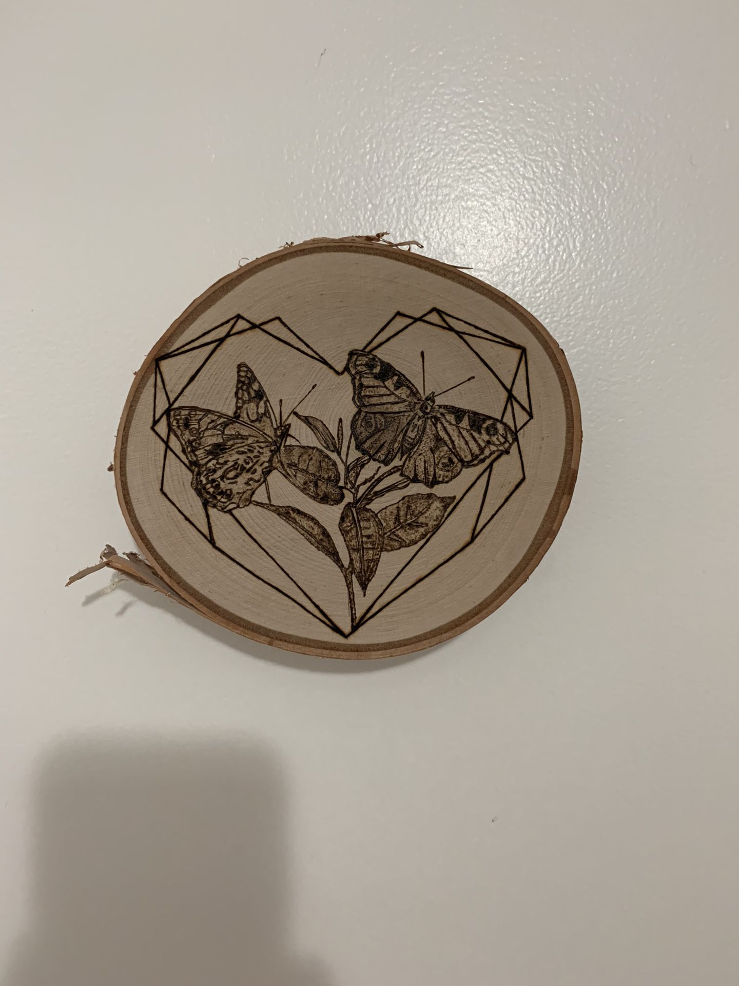Geometric Butterfly Heart Woodburned Art