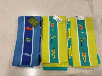 New Embroidered Kitchen Towel Sets Happy Hour & Fish 100% Cotton