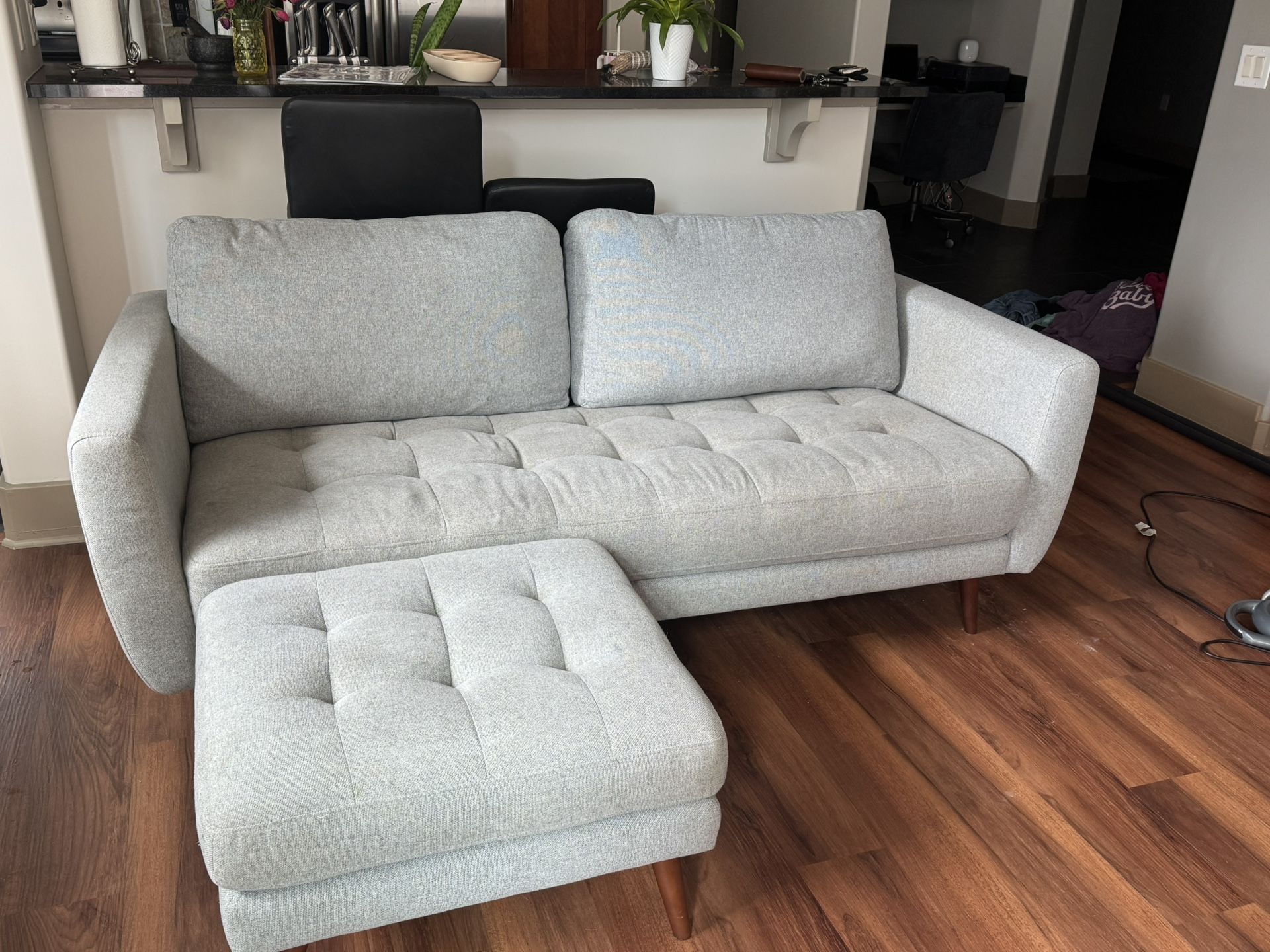 Living Spaces Grey Sofa and Ottoman