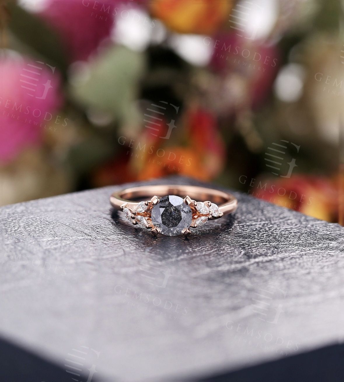 Vintage Salt and Pepper Diamond Ring Rose Gold Marquise cut Diamond Cluster leaf ring