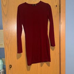 Boo-Hoo Dress Size Us 10 Ribbed Basic Long Sleeve Body Con Dress Merlot 